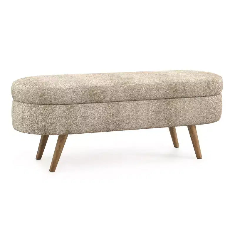 Banc de rangement ovale avec pieds en hévéa, Pouf capitonné moderne - ModernLuxe