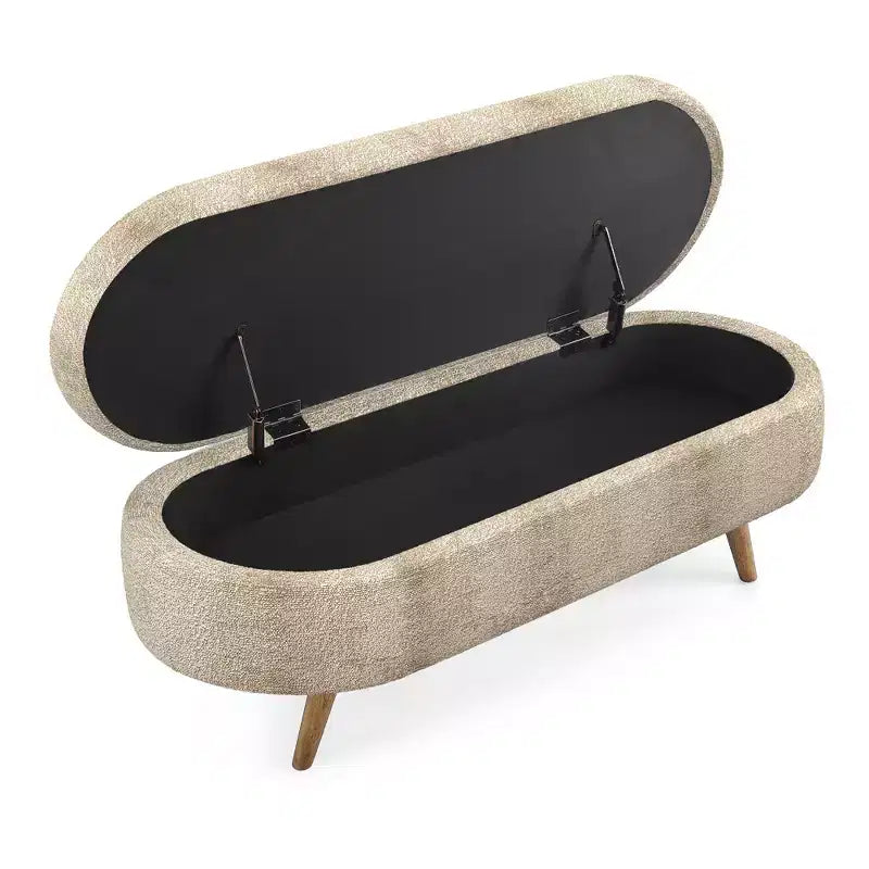 Banc de rangement ovale avec pieds en hévéa, Pouf capitonné moderne - ModernLuxe