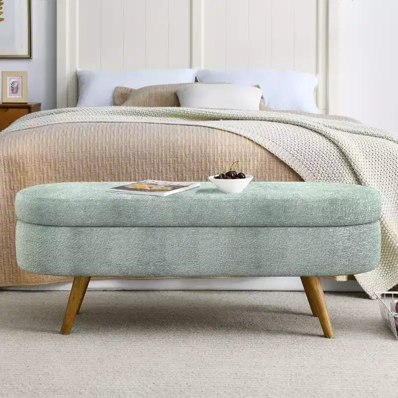 Banc de rangement ovale avec pieds en hévéa, Pouf capitonné moderne - ModernLuxe