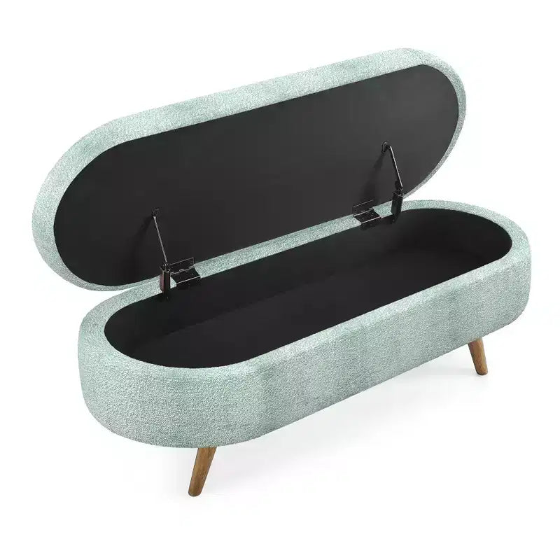 Banc de rangement ovale avec pieds en hévéa, Pouf capitonné moderne - ModernLuxe