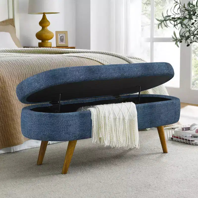 Banc de rangement ovale avec pieds en hévéa, Pouf capitonné moderne - ModernLuxe
