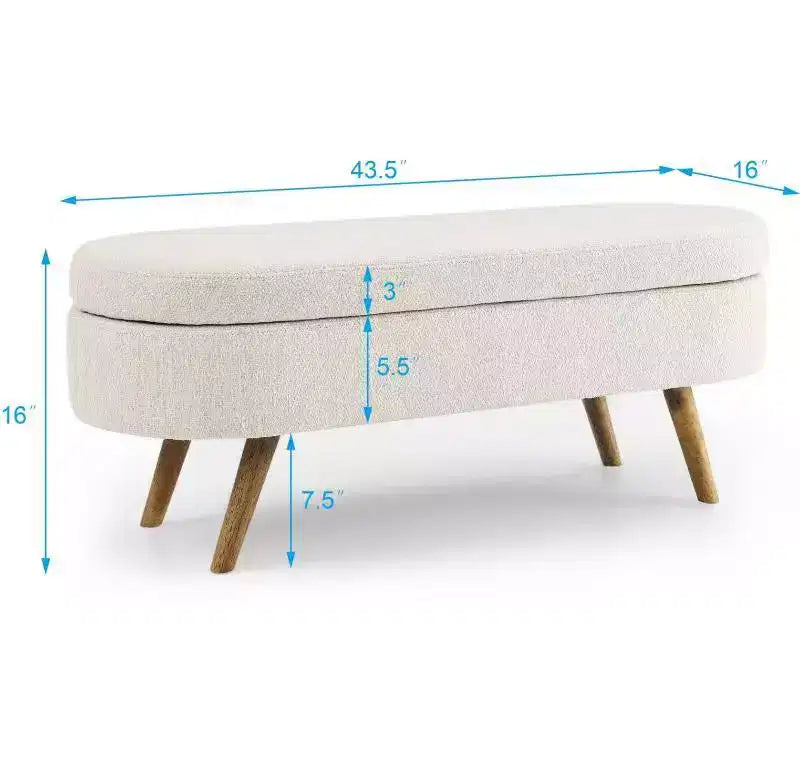 Banc de rangement ovale avec pieds en hévéa, Pouf capitonné moderne - ModernLuxe