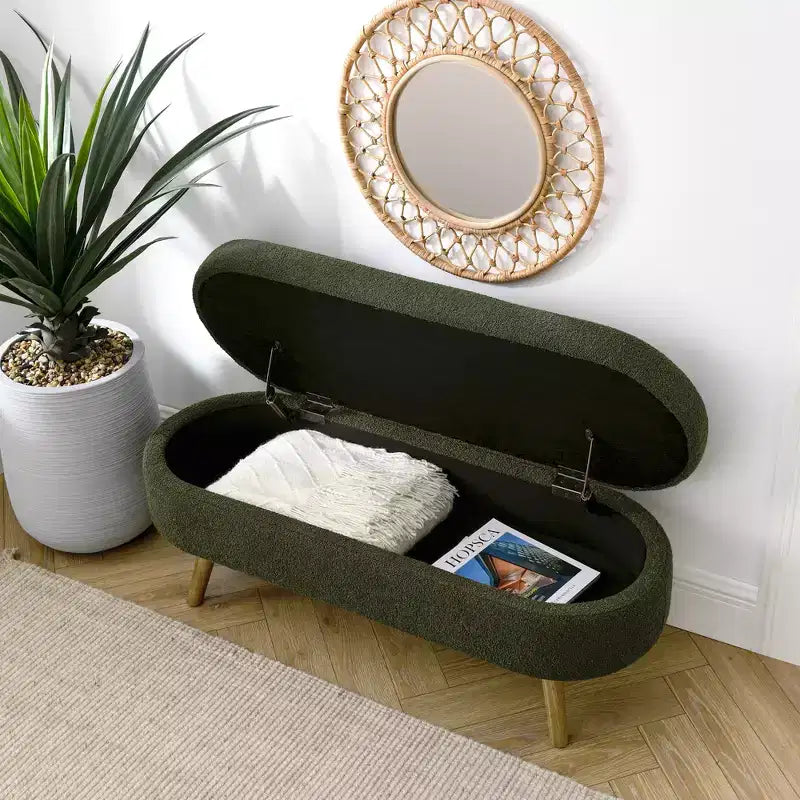 Banc de rangement ovale avec pieds en hévéa, Pouf capitonné moderne - ModernLuxe