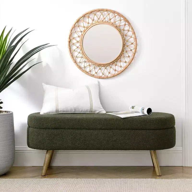 Banc de rangement ovale avec pieds en hévéa, Pouf capitonné moderne - ModernLuxe