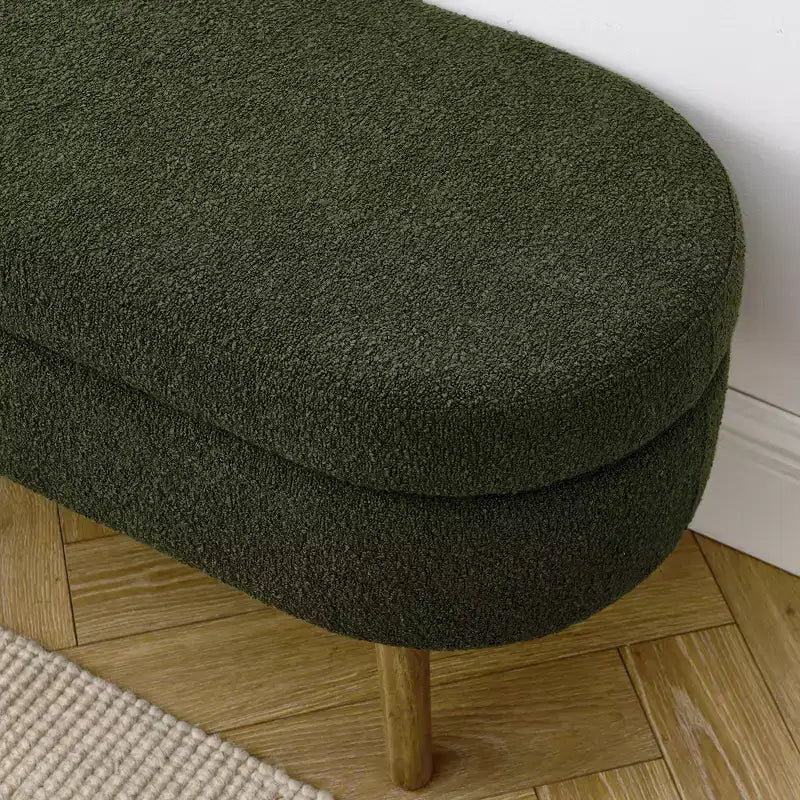 Banc de rangement ovale avec pieds en hévéa, Pouf capitonné moderne - ModernLuxe