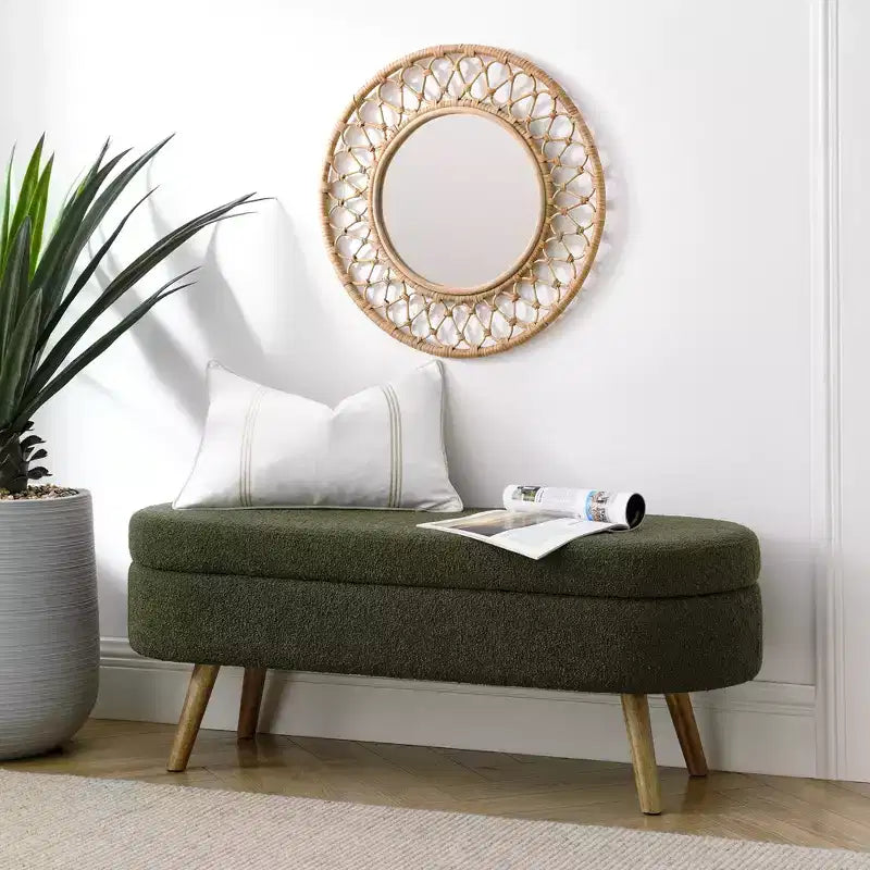 Banc de rangement ovale avec pieds en hévéa, Pouf capitonné moderne - ModernLuxe