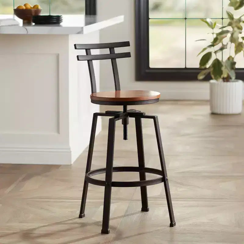 Elm Lane Clifton Tabouret de bar pivotant en métal bronze marron 75 cm de haut, siège en bois réglable industriel avec dossier et repose-pieds pour comptoir de cuisine