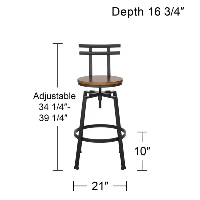 Elm Lane Clifton Tabouret de bar pivotant en métal bronze marron 75 cm de haut, siège en bois réglable industriel avec dossier et repose-pieds pour comptoir de cuisine