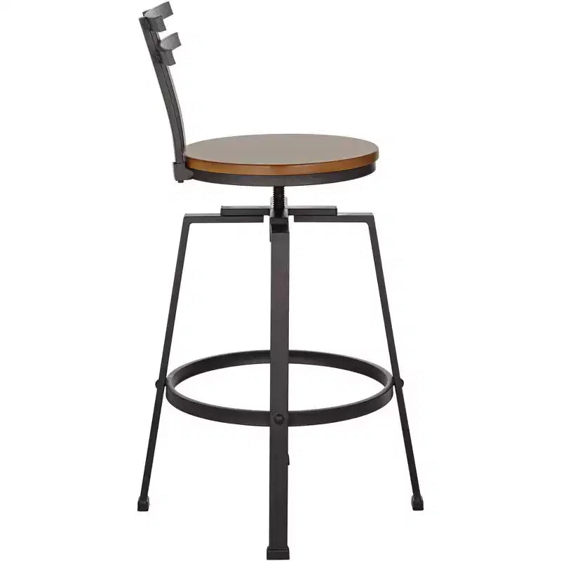 Elm Lane Clifton Tabouret de bar pivotant en métal bronze marron 75 cm de haut, siège en bois réglable industriel avec dossier et repose-pieds pour comptoir de cuisine