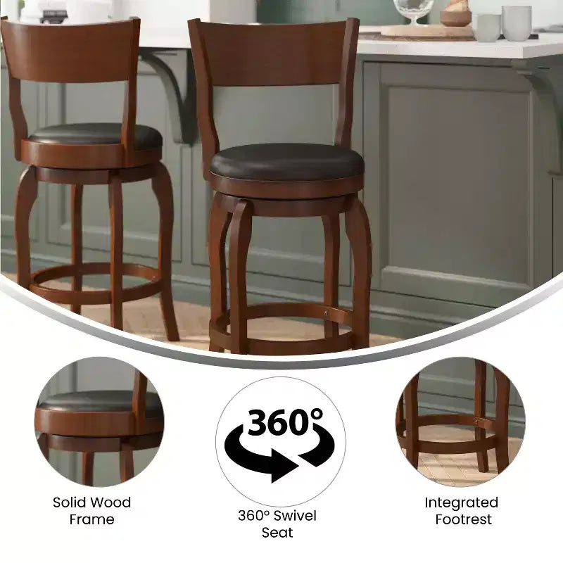 Tabouret de bar pivotant Flash Furniture Nichola de qualité commerciale, dossier ouvert classique, hauteur comptoir de bar avec cadre en bois cintré et assise rembourrée et capitonnée