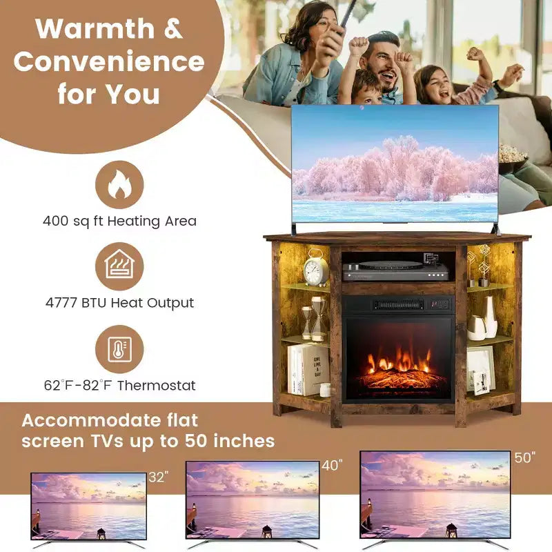 Meuble TV avec cheminée Costway avec lumières LED et cheminée électrique de 45,7 cm pour téléviseurs jusqu'à 50 pouces Gris/Marron/Noir/Blanc