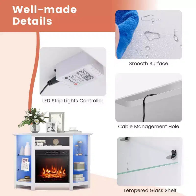 Meuble TV avec cheminée Costway avec lumières LED et cheminée électrique de 45,7 cm pour téléviseurs jusqu'à 50 pouces Gris/Marron/Noir/Blanc