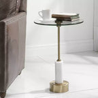Table d'appoint ronde moderne Uttermost en laiton brossé, 40 cm de large, dessus en verre doré pour salon, chambre, chevet, entrée, maison