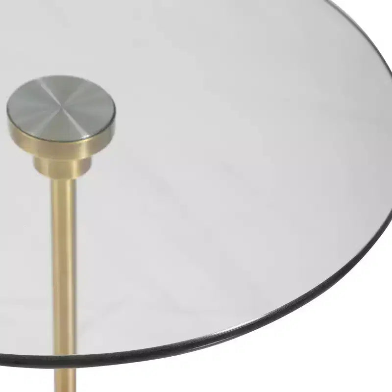 Table d'appoint ronde moderne Uttermost en laiton brossé, 40 cm de large, dessus en verre doré pour salon, chambre, chevet, entrée, maison