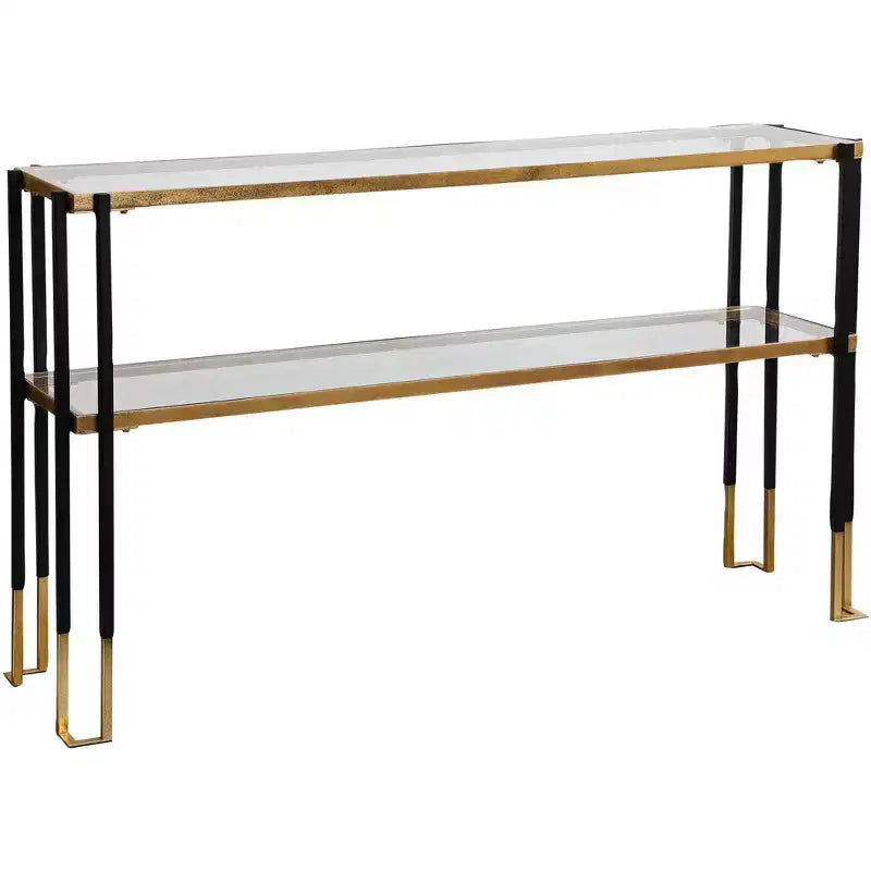 Uttermost Modern Matte Black Brushed Gold Rectangular Console Table 53 1/2 x 13 1/2 with Tempered Glass Shelf for Living Room