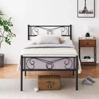 Cadre de lit plateforme Whizmax avec tête et pied de lit, sommier métallique avec rangement, aucun sommier tapissier requis, noir