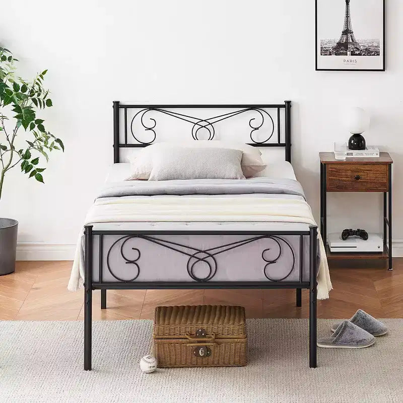Cadre de lit plateforme Whizmax avec tête et pied de lit, sommier métallique avec rangement, aucun sommier tapissier requis, noir