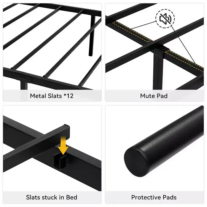 Cadre de lit plateforme Whizmax avec tête et pied de lit, sommier métallique avec rangement, aucun sommier tapissier requis, noir