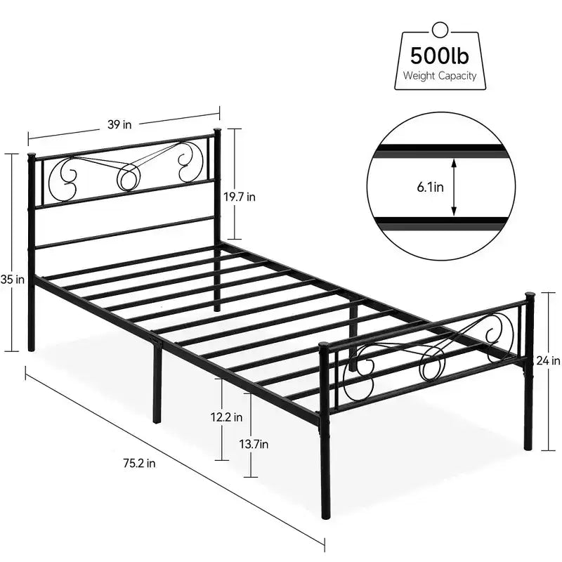 Cadre de lit plateforme Whizmax avec tête et pied de lit, sommier métallique avec rangement, aucun sommier tapissier requis, noir