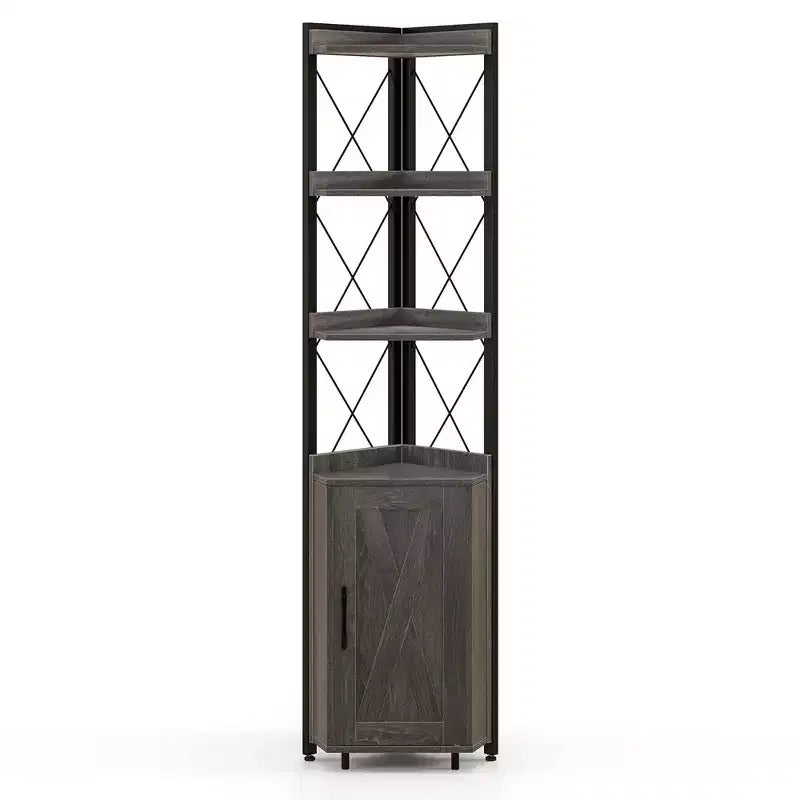 Étagère d'Angle à 6 Niveaux Costway avec Étagère Réglable sur 5 Niveaux et Dispositifs Anti-Basculement Marron Rustique/Gris