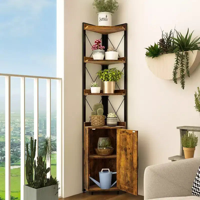 Étagère d'Angle à 6 Niveaux Costway avec Étagère Réglable sur 5 Niveaux et Dispositifs Anti-Basculement Marron Rustique/Gris