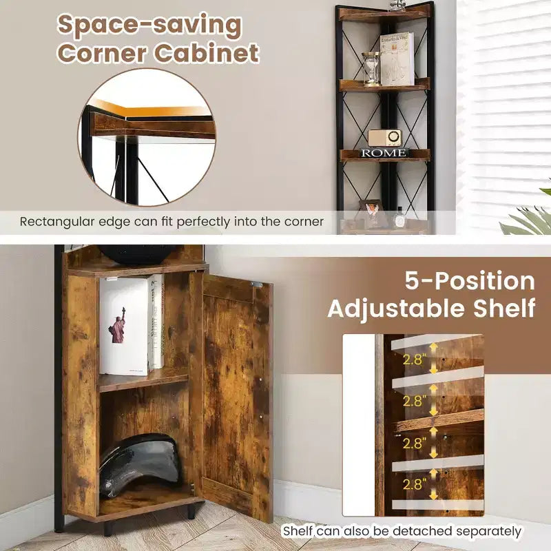 Étagère d'Angle à 6 Niveaux Costway avec Étagère Réglable sur 5 Niveaux et Dispositifs Anti-Basculement Marron Rustique/Gris