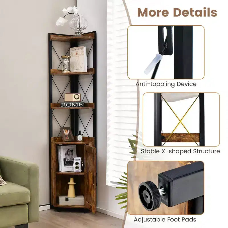 Étagère d'Angle à 6 Niveaux Costway avec Étagère Réglable sur 5 Niveaux et Dispositifs Anti-Basculement Marron Rustique/Gris