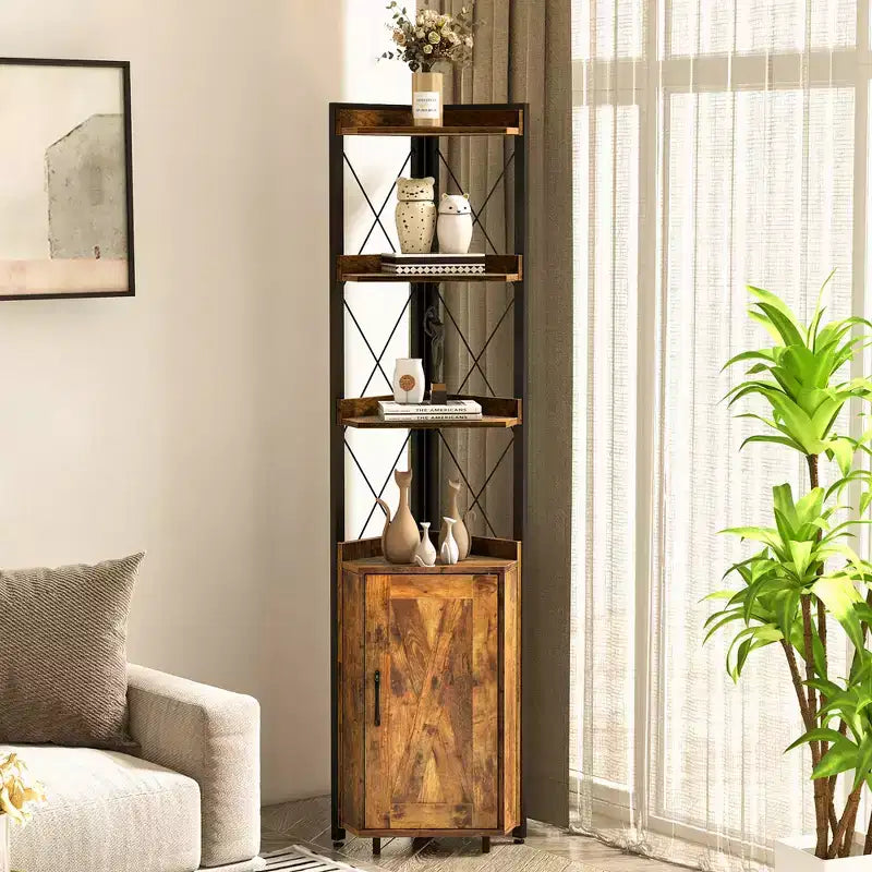 Étagère d'Angle à 6 Niveaux Costway avec Étagère Réglable sur 5 Niveaux et Dispositifs Anti-Basculement Marron Rustique/Gris