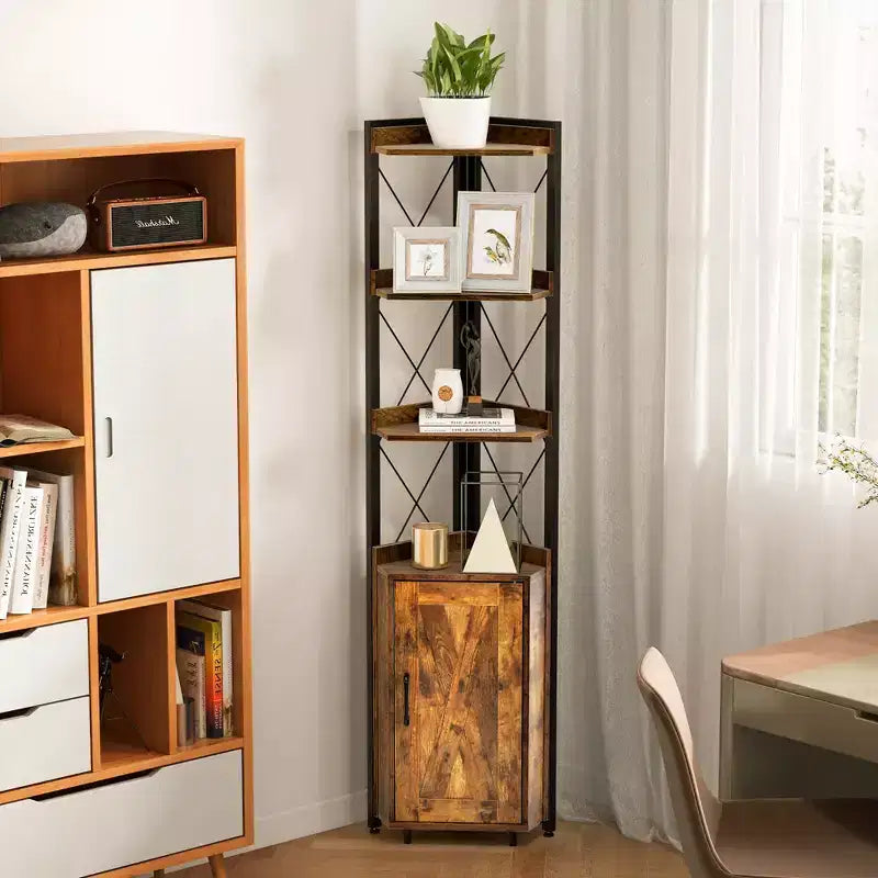 Étagère d'Angle à 6 Niveaux Costway avec Étagère Réglable sur 5 Niveaux et Dispositifs Anti-Basculement Marron Rustique/Gris