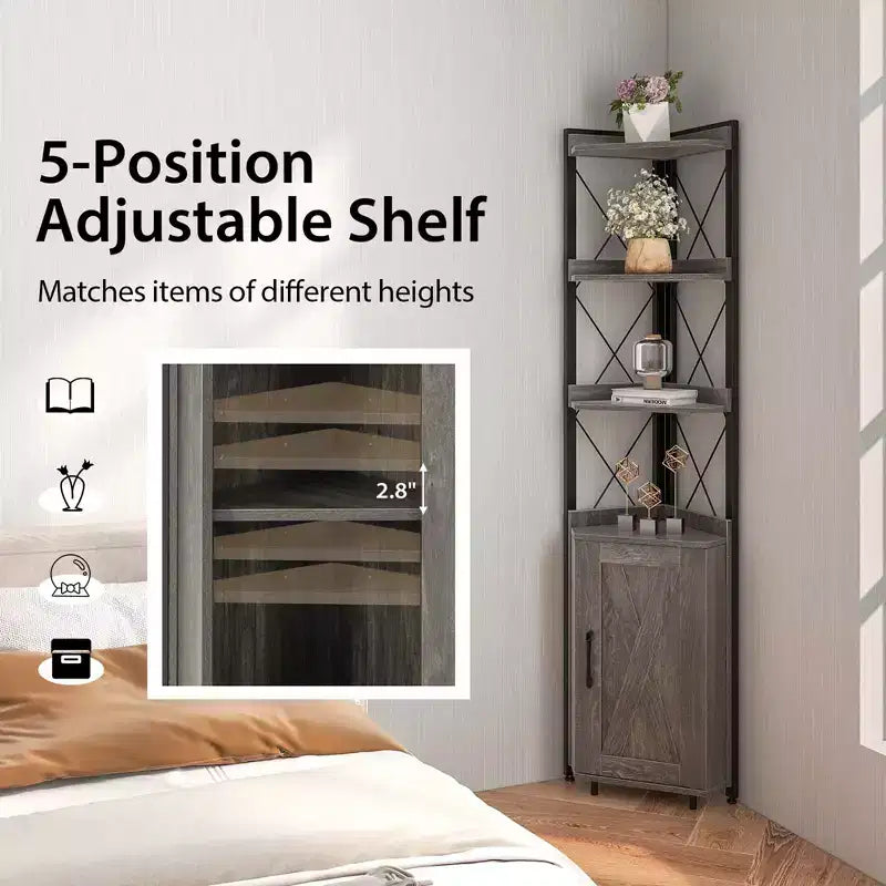 Étagère d'Angle à 6 Niveaux Costway avec Étagère Réglable sur 5 Niveaux et Dispositifs Anti-Basculement Marron Rustique/Gris