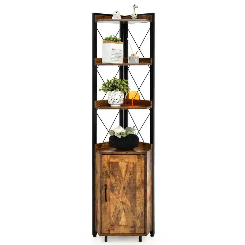Étagère d'Angle à 6 Niveaux Costway avec Étagère Réglable sur 5 Niveaux et Dispositifs Anti-Basculement Marron Rustique/Gris